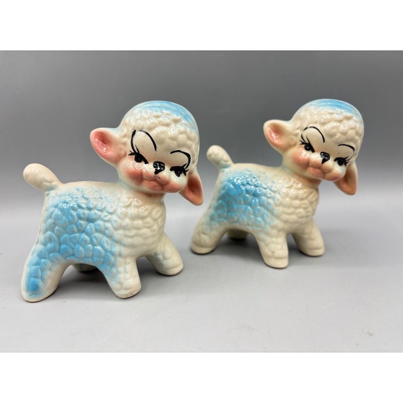 Other - Vintage Blue Lamb Anthropomorphic Ceramic Sheep Set Nursery Decor Kitsch 4"